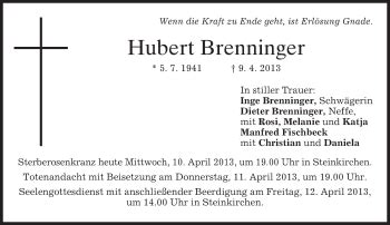 Traueranzeigen Von Hubert Brenninger Trauer Merkur De