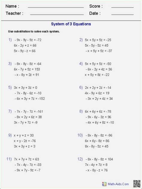 Systems Of Equations Worksheet Substitution