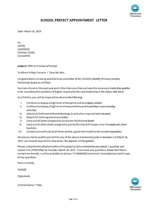 School Prefect Appointment Letter Templates At