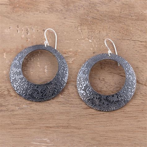 Oxidized Round Floral Sterling Silver Earrings from India - Fashionable ...