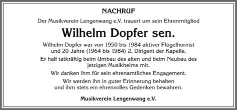 Traueranzeigen von Wilhelm Dopfer Allgäuer Zeitung