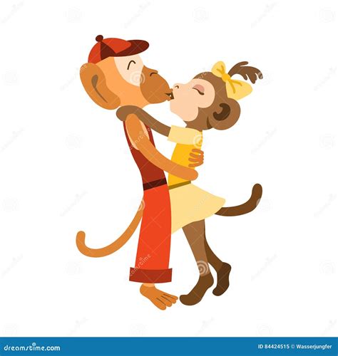 Lovely Monkey Kids Stand Hugging and Kissing Stock Vector ...