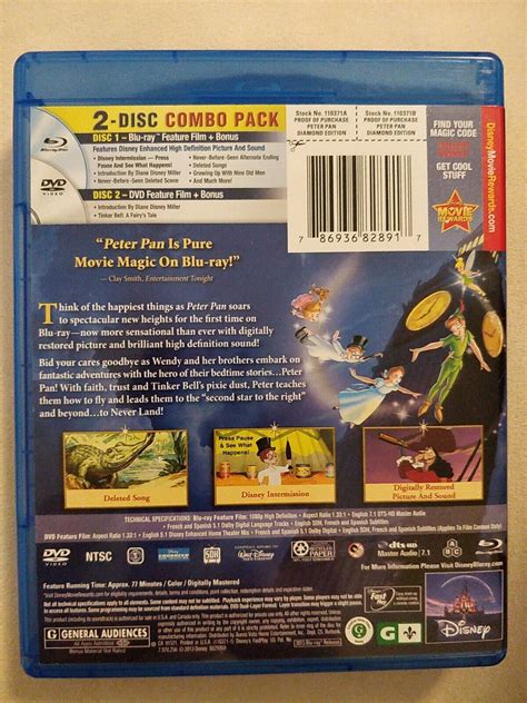 Peter Pan Blu Ray Dvd Disc Set Diamond Edition For Sale