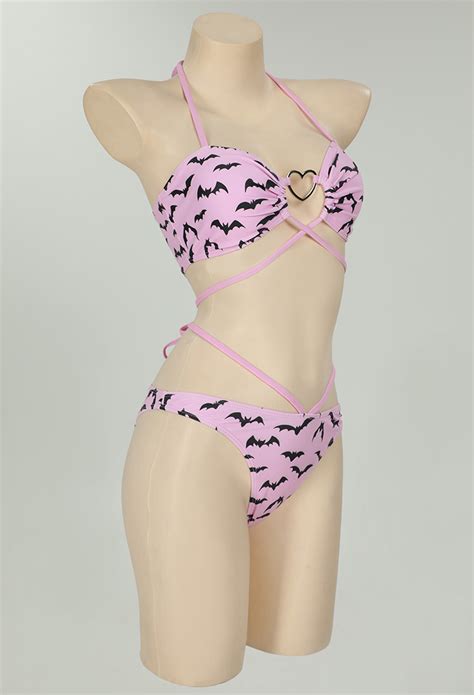 Women Gothic Bat Pink Bikini Set Heart Buckle Halter Lace Up Top And Triangle Panty Bathing