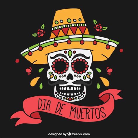 Mexican Skull With Hat And Ribbon Vector Free Download