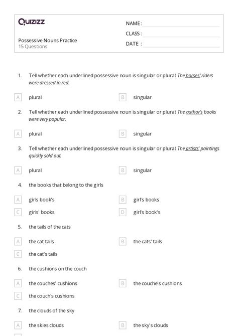 Singular Possessives Worksheets For Th Grade On Quizizz Free