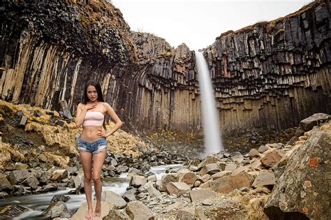 Li Moon At Svartifoss Waterfall In Iceland Asian Shorts Brunette