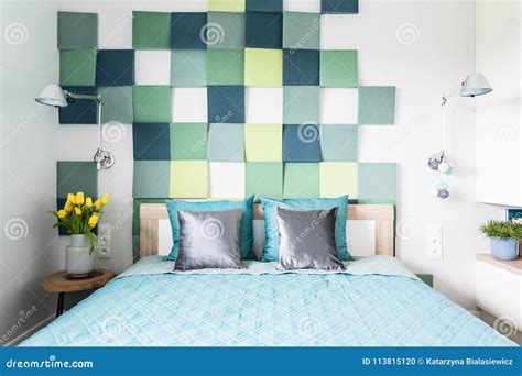 Blue and Green Bedroom Interior Stock Photo - Image of nightstand, loft ...