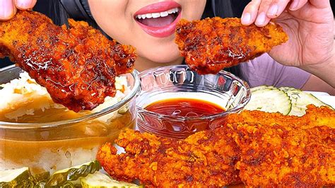 Asmr Spicy Fried Chicken Tenders In Nashville Hot Sauce Eating Sounds