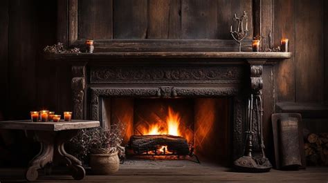 Premium Photo Old Wooden Table And Fireplace With Warm Fire At Home