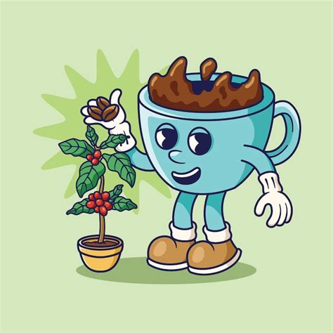 Personaje de mascota retro ilustración de la taza de café cosechando el