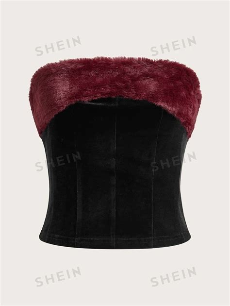 Shein Icon Fuzzy Trim Velvet Tube Top Shein Usa