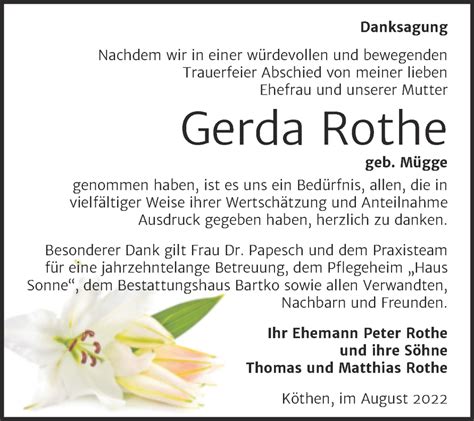 Traueranzeigen Von Gerda Rothe Abschied Nehmen De