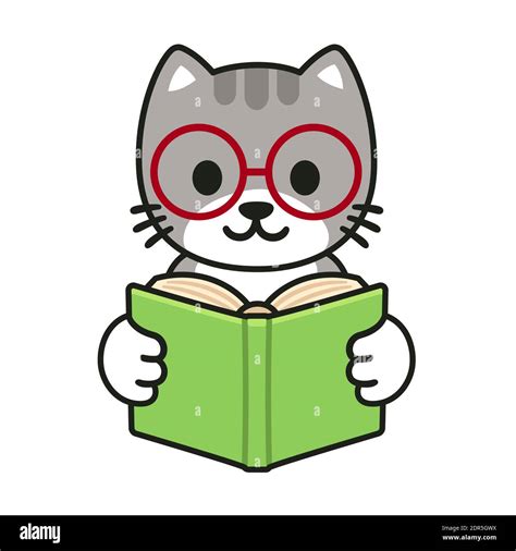 Cute Cartoon Cat In Glasses Reading A Book Adorable Illustration For