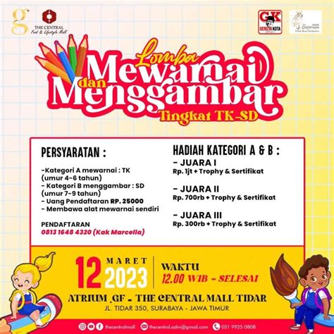 Lomba Mewarnai dan Menggambar The Central Mall, 12 Maret 2023 | Event Surabaya