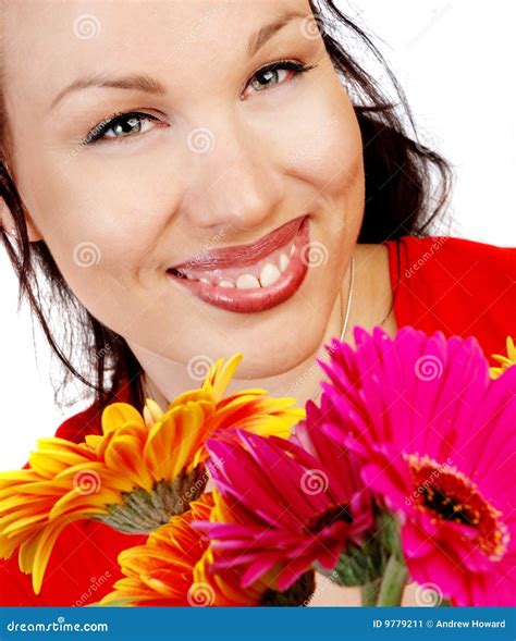 Smiling woman with flowers stock image. Image of orange - 9779211