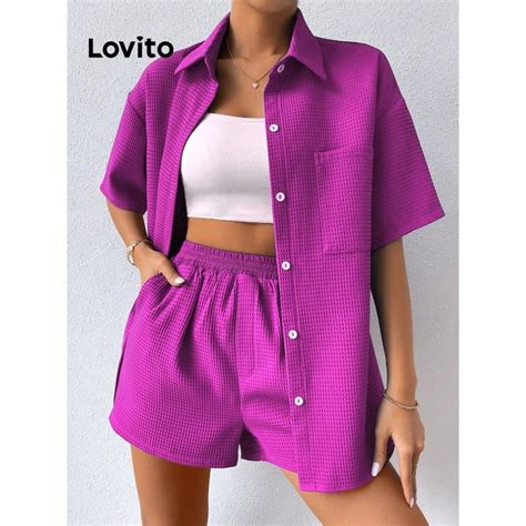 Lovito Conjunto De Shorts Femininos Casuais Bolso Liso E Frontal