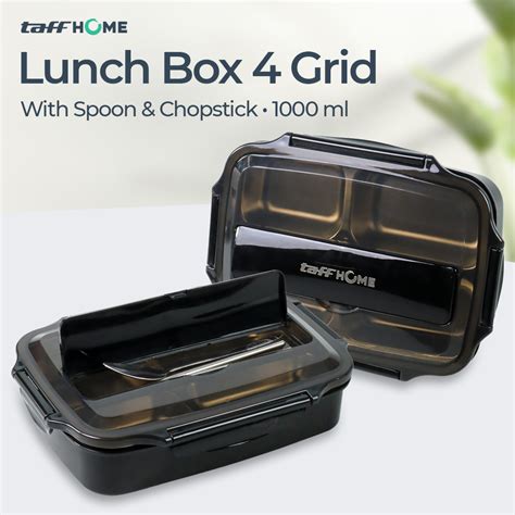 Taffhome Kotak Makan Lunch Box Grid Ml With Spoon Chopstick