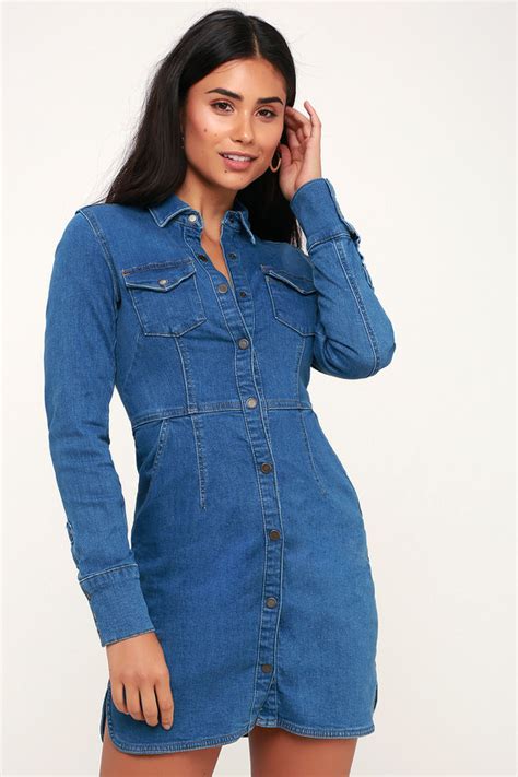 Free People Dynomite Long Sleeve Denim Dress Blue Jean Dress Lulus