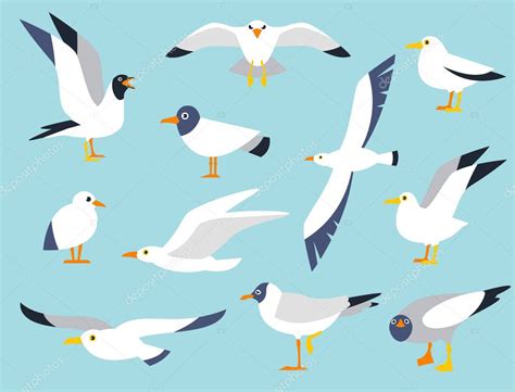 Conjunto Vectorial De Hermosas Gaviotas En Un Estilo Plano Aislado