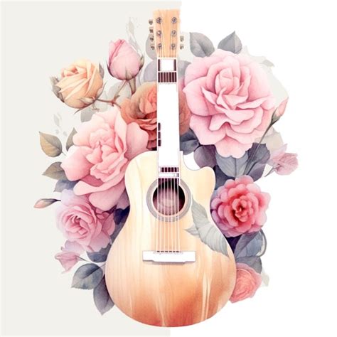 Premium Photo Acoustic Guitar With Flowers Watercolor Ai Generative