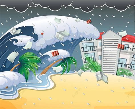 Tsunami Hitting Beach Resort Art Illustration Disaster Vector, Art ...