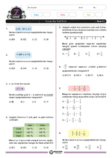 7 Sınıf Matematik Kasım Ara Tatil Testi Test 11 Yaprak Test Derslig