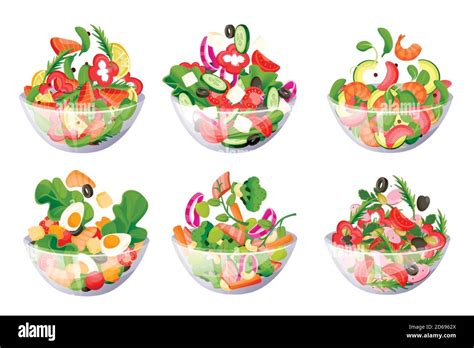 Vegetable Green Salads In Glass Bowl Vector Flat Cartoon Illustration