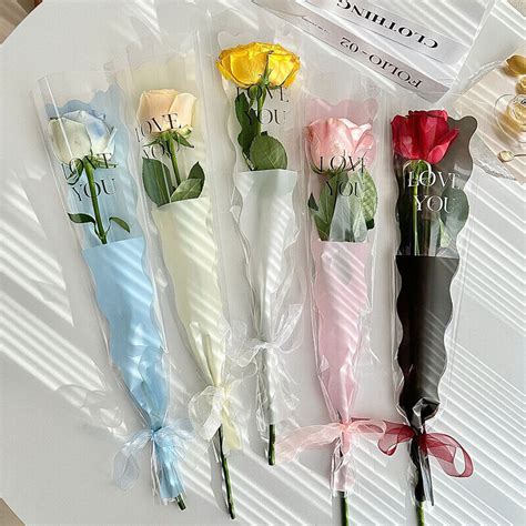 50pcs Single Rose Sleeves Flower Wrapping Bag Plastic Bouquet Packaging