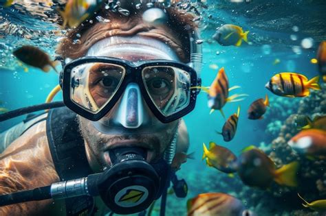 Free Photo Underwater Portrait Of Scuba Diver Exploring The Sea World