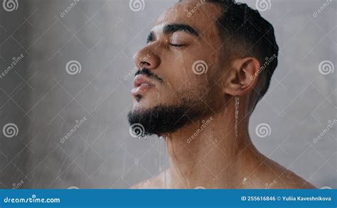 Arab Indian Hispanic Relaxed Man Bearded Guy Naked Male Washes Head Hair Face And Beard In