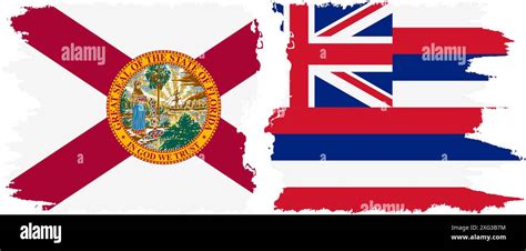 Hawaii And Florida States Grunge Brush Flags Connection Vector Stock