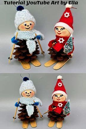 Two Pictures Of An Elf Sitting On Top Of A Pine Cone And Holding Skis