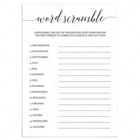 Free Printable Bridal Shower Games Word Scramble