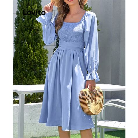 Lovito Women Casual Plain Smocked Tie Front Ruffle Dress Lnl