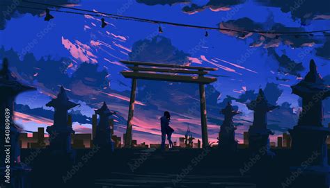 Couple at night hangout in japan anime digital art illustration ...