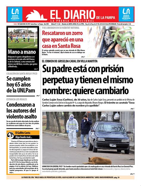 Tapa De El Diario En Papel Lunes De Septiembre De El Diario