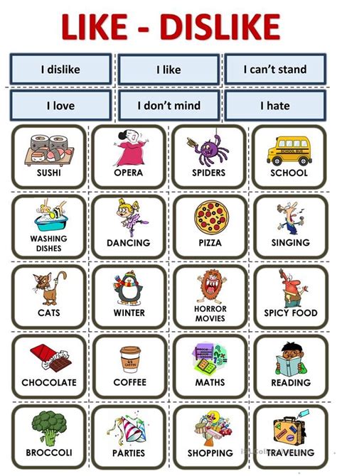 Like Dislike Cards English Esl Worksheets For Distance Learning And