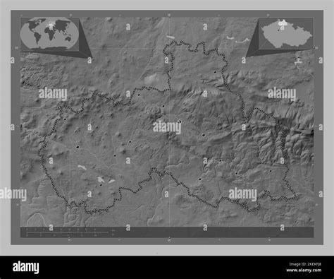 Liberecky Region Of Czech Republic Grayscale Elevation Map With Lakes And Rivers Locations Of