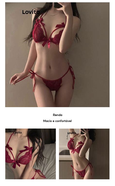 Lovito Lingerie Sexy de Renda Lisa para Mulheres LNE Branco Bordô Preto Shopee Brasil