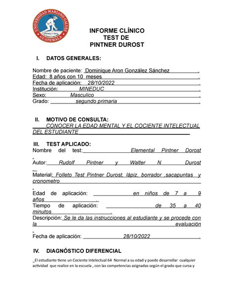 Informe Clínico Cunningham INFORME CLÍNICO TEST DE PINTNER DUROST I