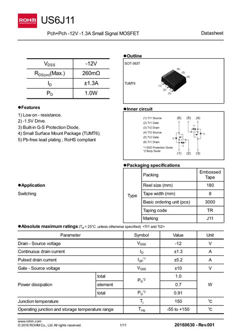 US6J11 Rohm MOSFET Hoja de datos Ficha técnica Distribuidor