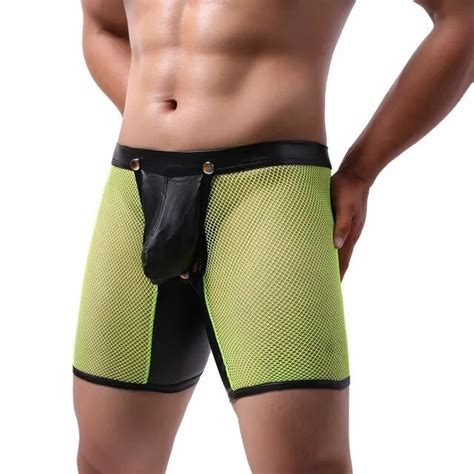 N Sexy Men Long Boxers Open Crotch Faux Leather Knickers Lingerie U