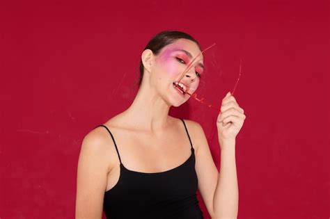 Premium Photo Sexy Brunette Woman Pink Face Makeup Posing Attractive Look Cropped View Unaltered