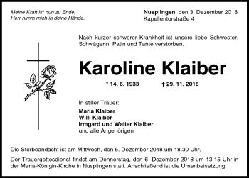 Traueranzeigen Von Karoline Klaiber Schwarzw Lder Bote Trauer