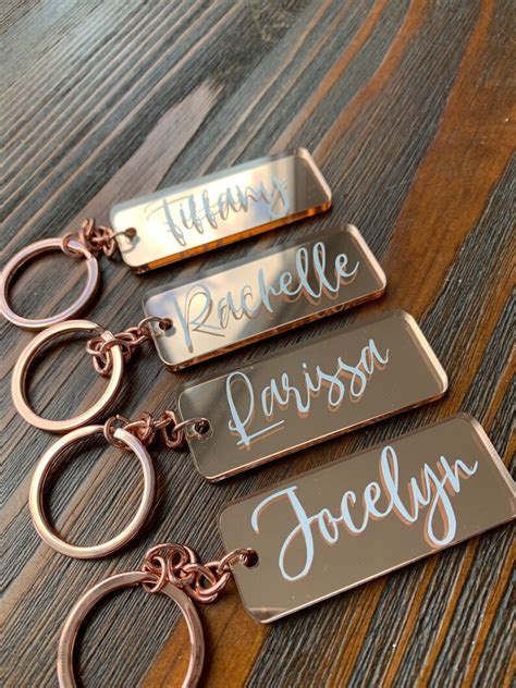 Personalized Mirrored Acrylic Name Tag Keychain Rose Gold Key Etsy