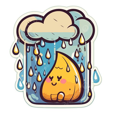 Sticker With A Cute Yellow Cloud And Raindrops Clipart Vector Rain