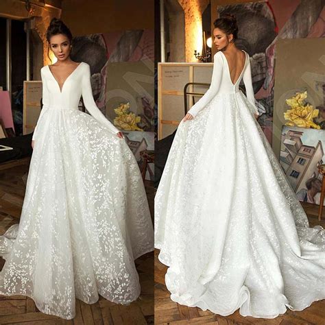 Vintage Long Sleeve Lace Satin Wedding Dress Sexy Deep V Neck Backless Bride Dress For Wedding