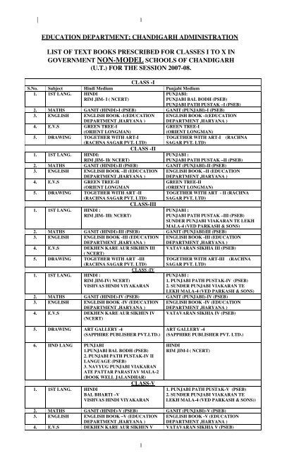 Education Department Chandigarh Administration List Of Text Books