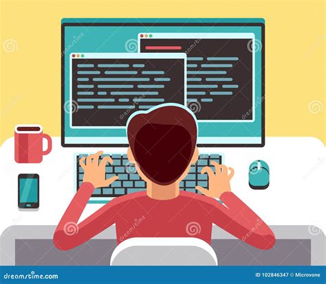 Programador Del Hombre Joven Que Trabaja En El Ordenador Con Código En